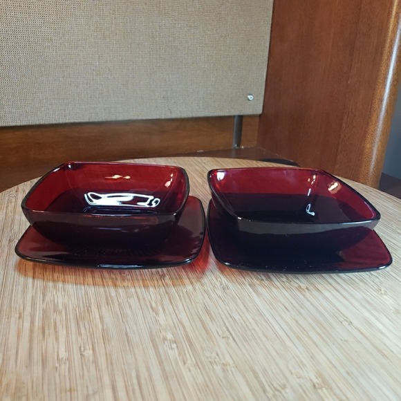 Lot Of 2 Anchor Hocking Dessert Bowl 4.75" & Saucer 5.25" Charm Ruby Red Square - Picture 3 of 7